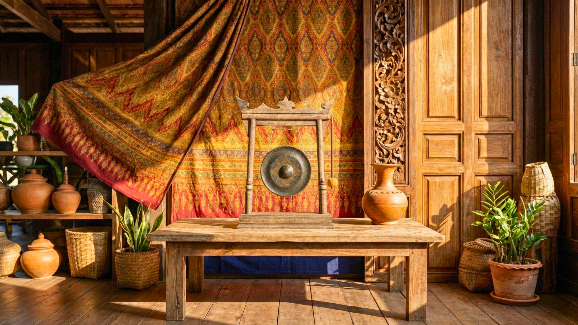 Thai Style Gong In Wooden Decor Mindful Setting