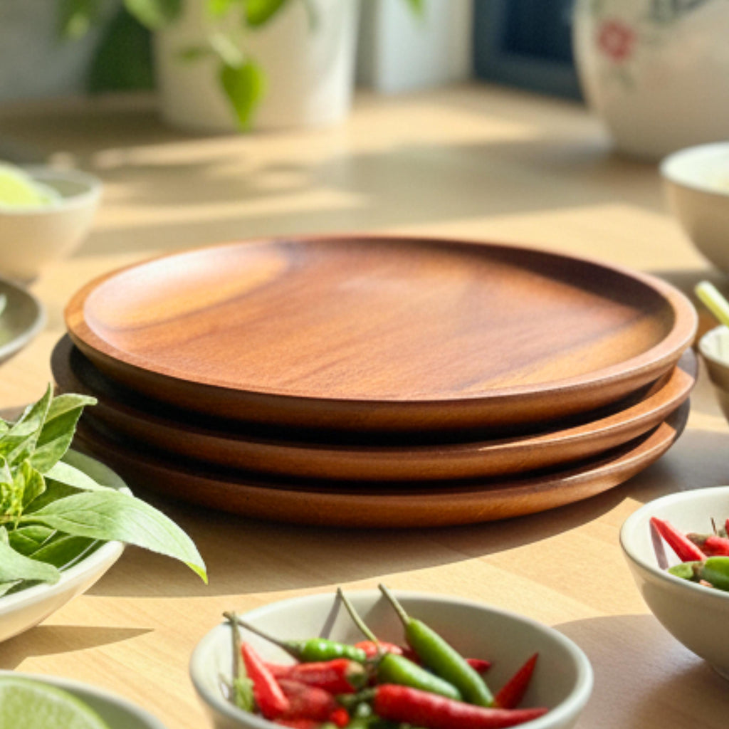 Hand Carved Hardwood Dinner Plates 8”: Deep Tone Rustic Dinnerware