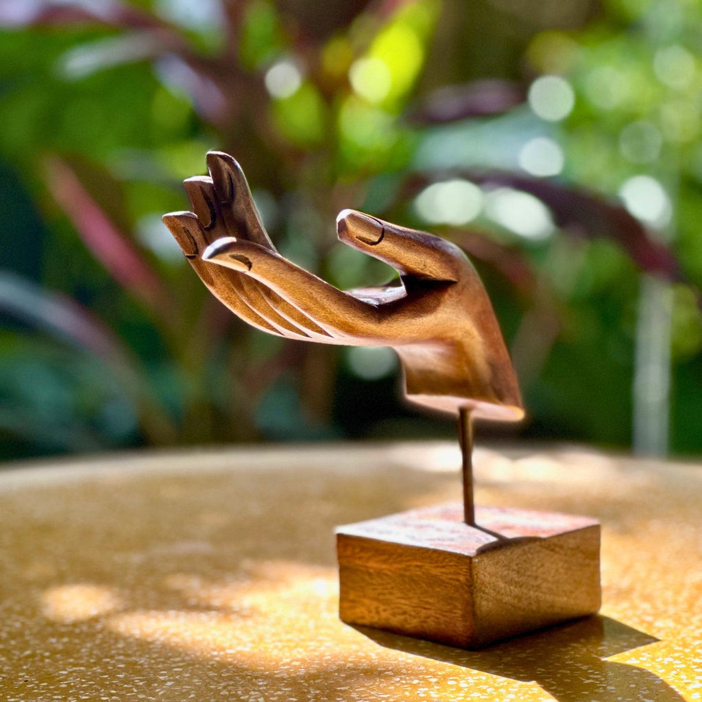 Vintage Hand Carved Acacia Wood Hand Mudra Sculpture: Thai Artisan Decor