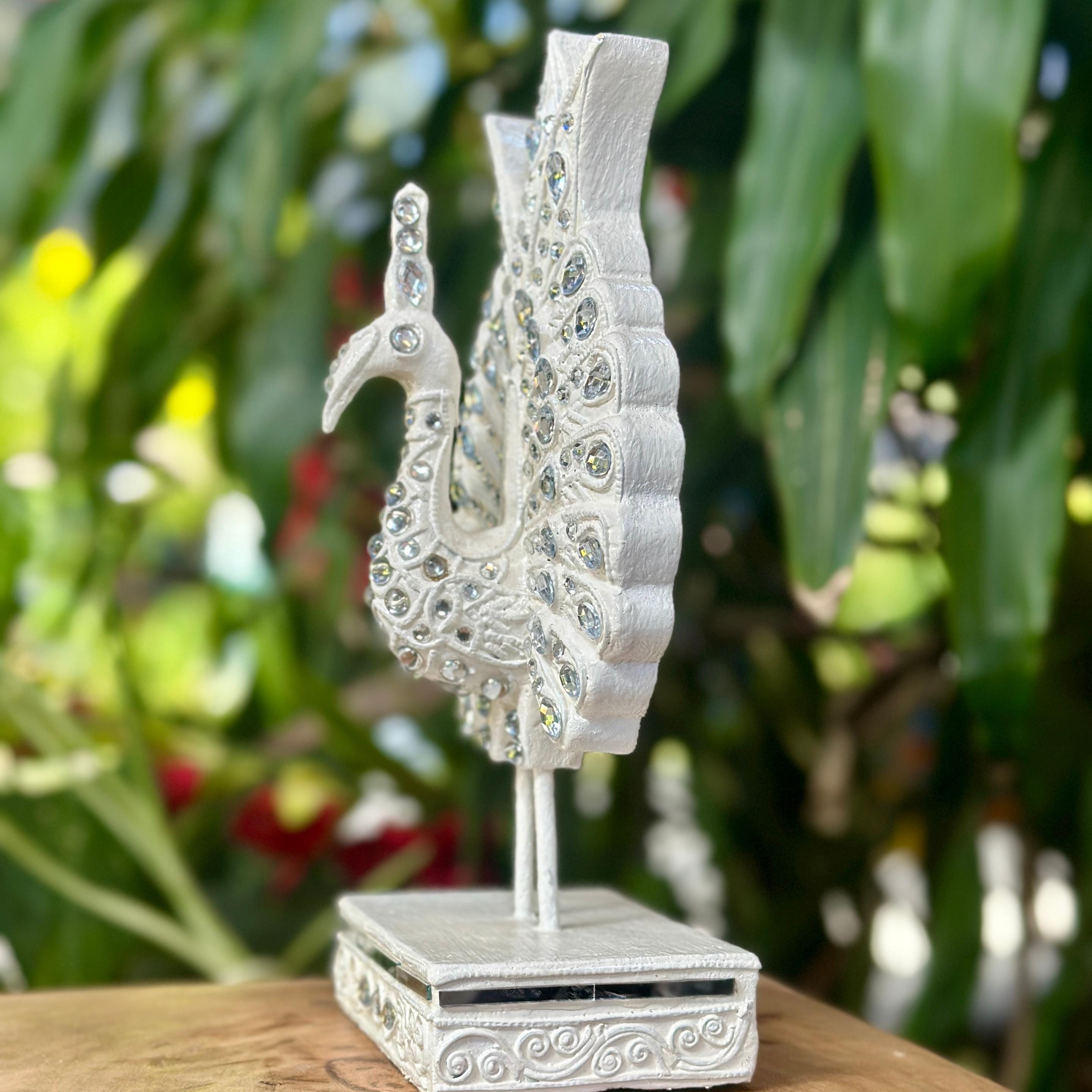 Jeweled Silver Peacock Figurine: Elegant Ornate Thai Decor