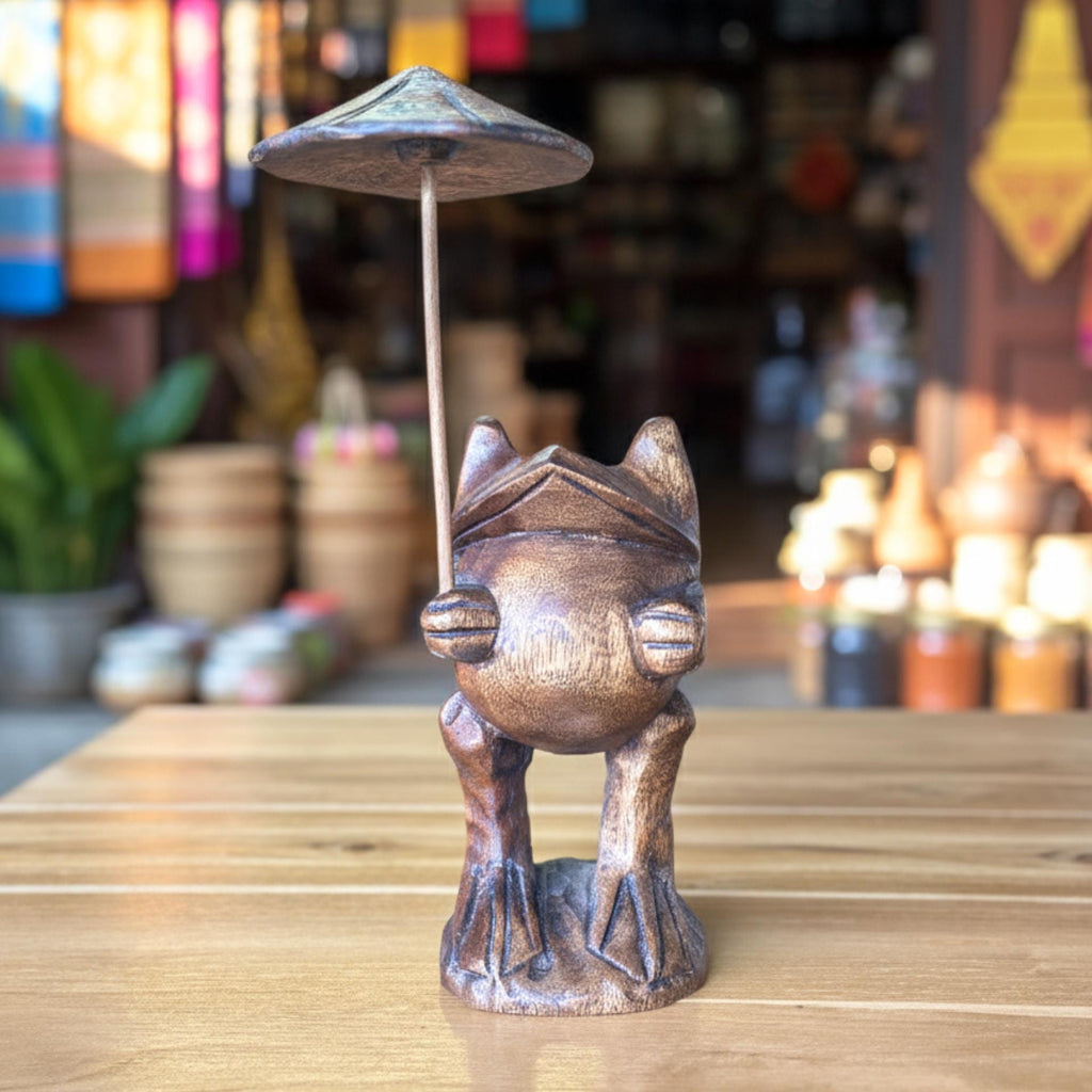 Hand Carved Wooden Frog Figurine: Unique Animal Statue Home Decor