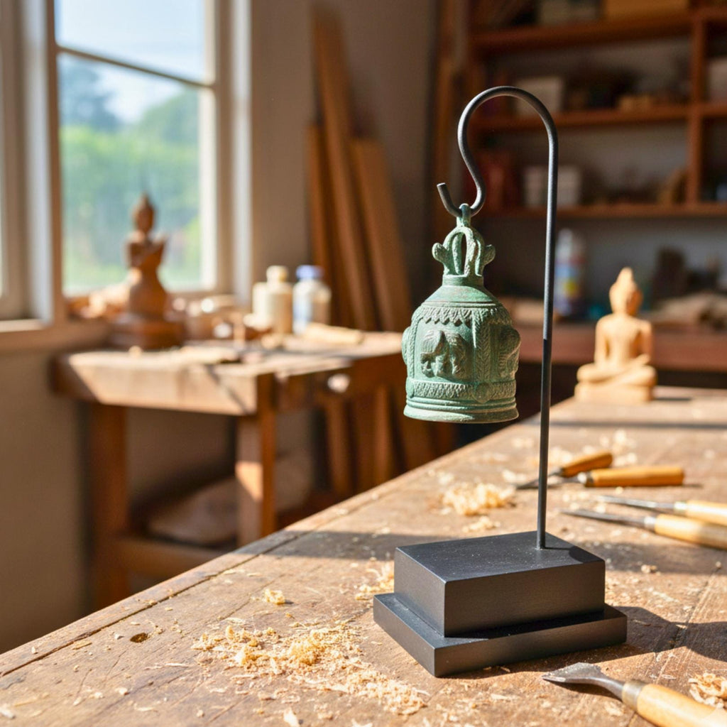 Minimalist Metal Bell Stand: Antique Patina Temple Bell Modern Decor