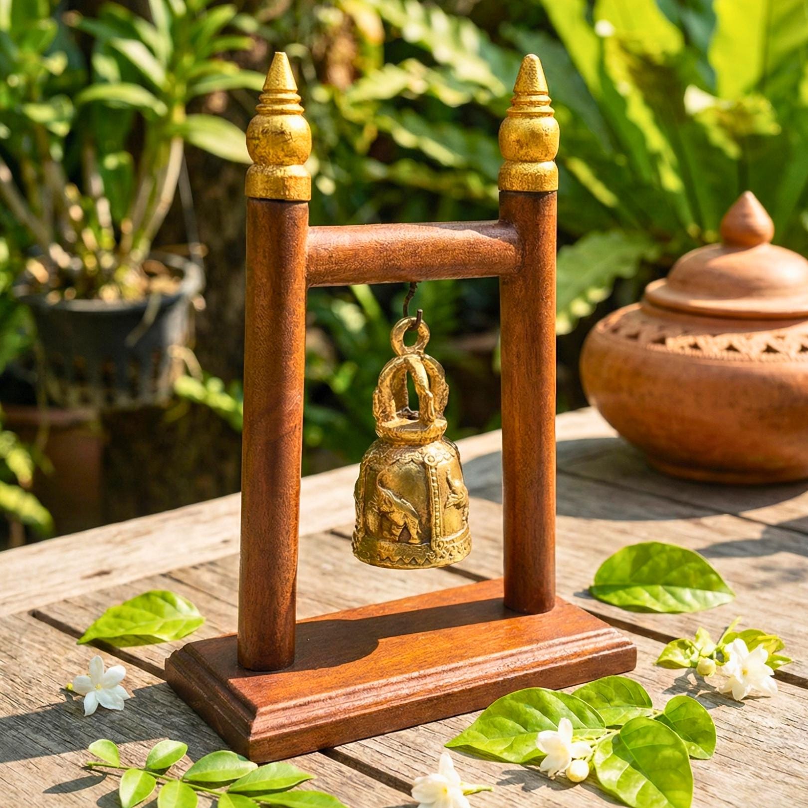 Hand Carved Teak Wood Single Bell Frame: Traditional & Serene Thai Altar Decor
