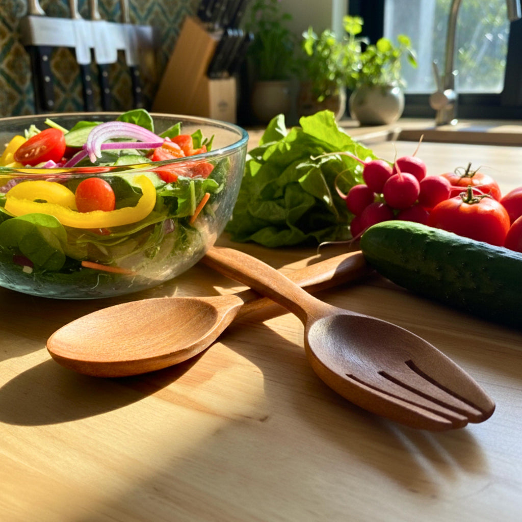 Hand Carved Wood Salad Tongs Serving Set: Rustic Upcycled Kitchen Utensils