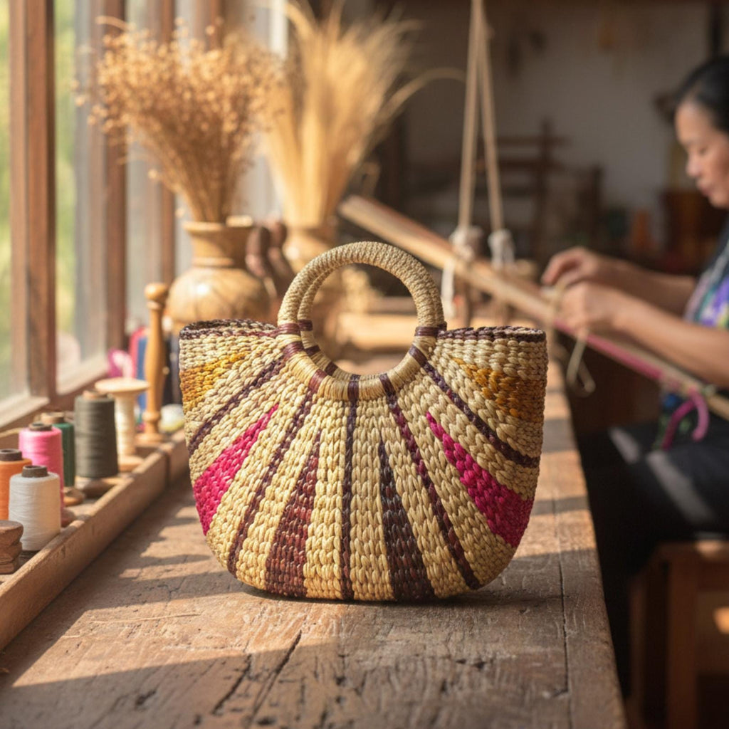 Hand Woven Wicker Handbag: Rustic Boho Tote with Round Handles