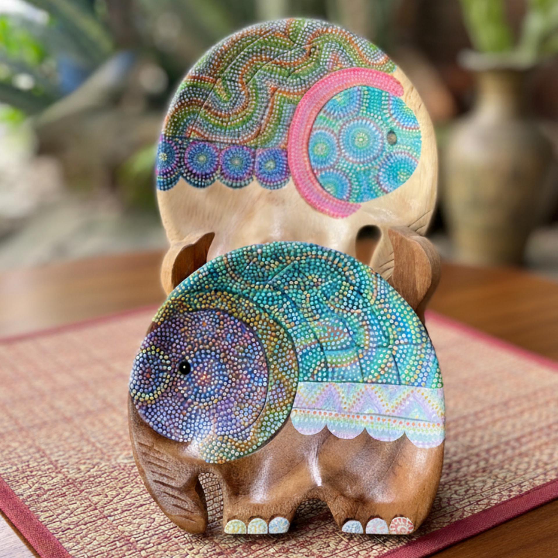 Hand Painted Wooden Elephant Plate Set of 2: Thai Folk Art Decor
