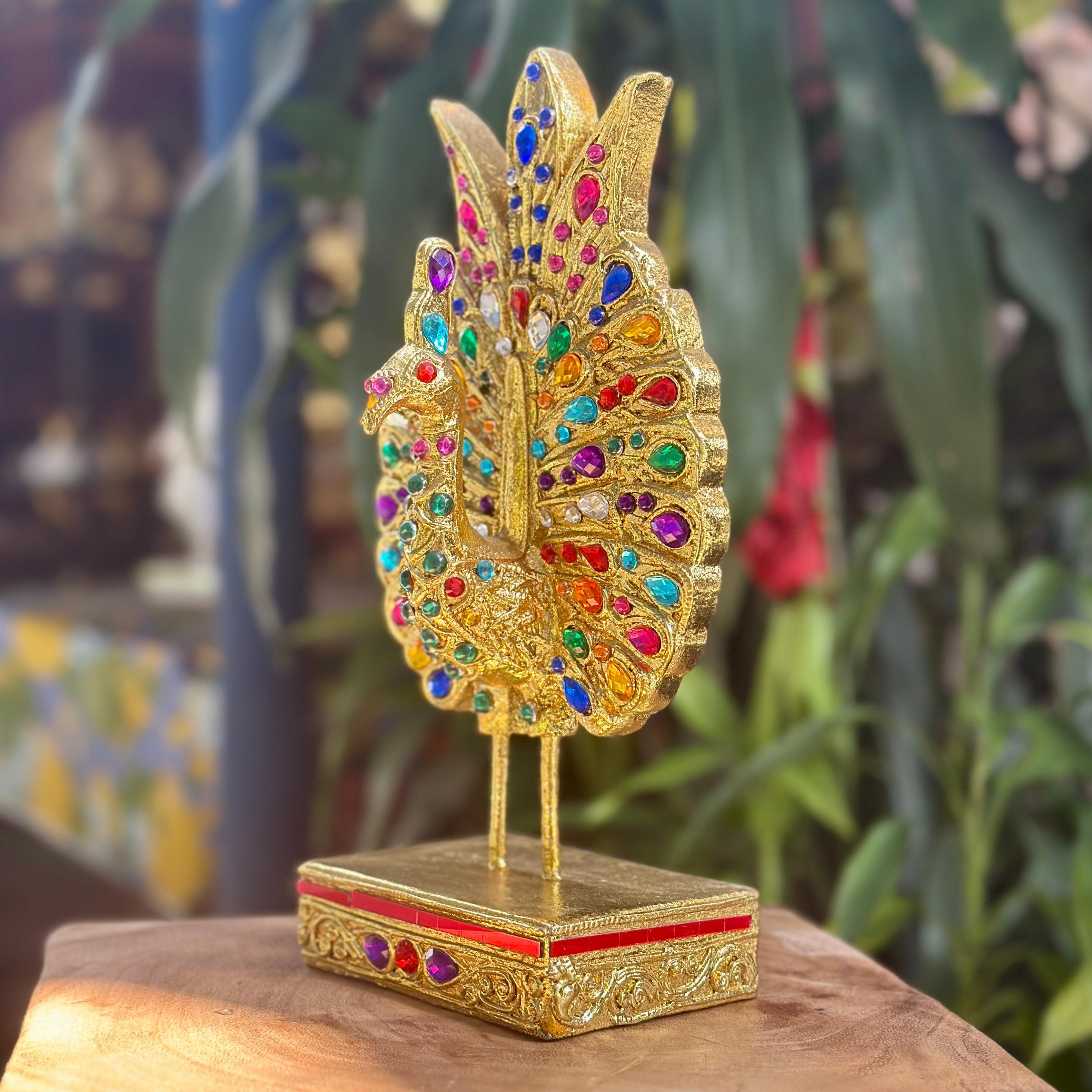 Jeweled Golden Peacock Figurine: Ornate Thai Home Decor
