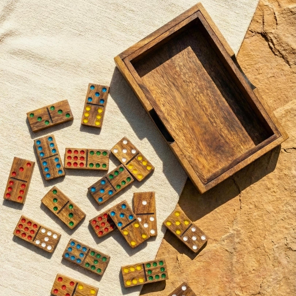 Hand Carved Acacia Wood Dominoes Set: Traditional Tabletop Game Toy