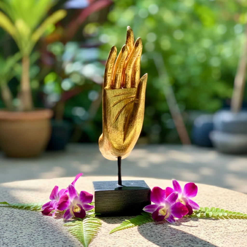 Golden Hand Sculpture: Upcycled Wood Dhyana Mudra | Vintage Zen Decor, Jewelry Holder