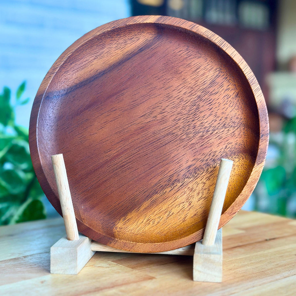 Hand Carved Hardwood Dinner Plates 8”: Deep Tone Rustic Dinnerware