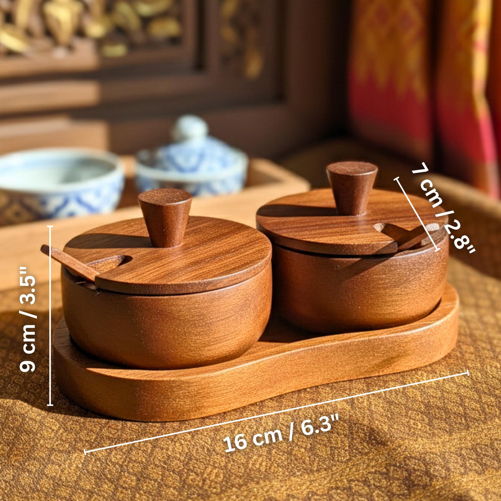 Hand Carved Wood Spice and Condiment Set: Salt, Sugar, and Pepper Server