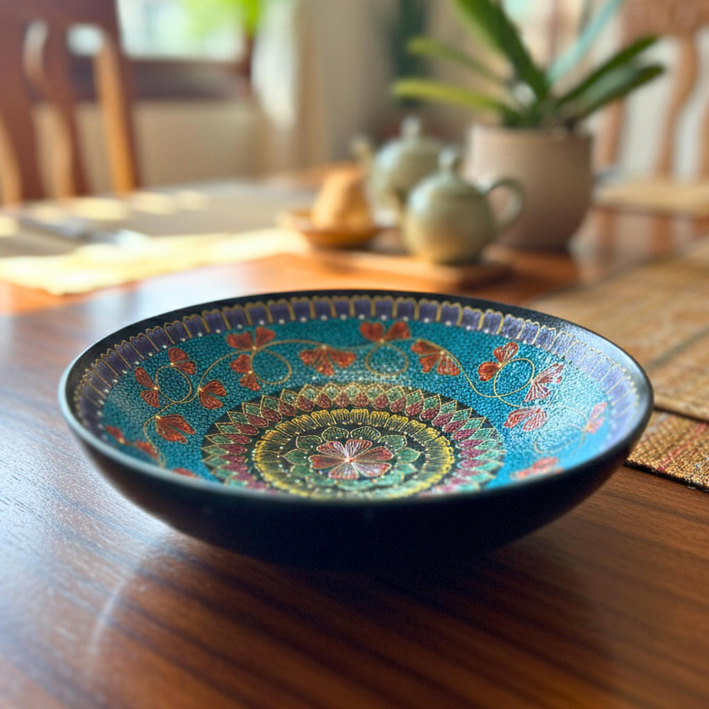 Hand Painted Serving Plate Set of 4: Vibrant Mandala Boho Tableware