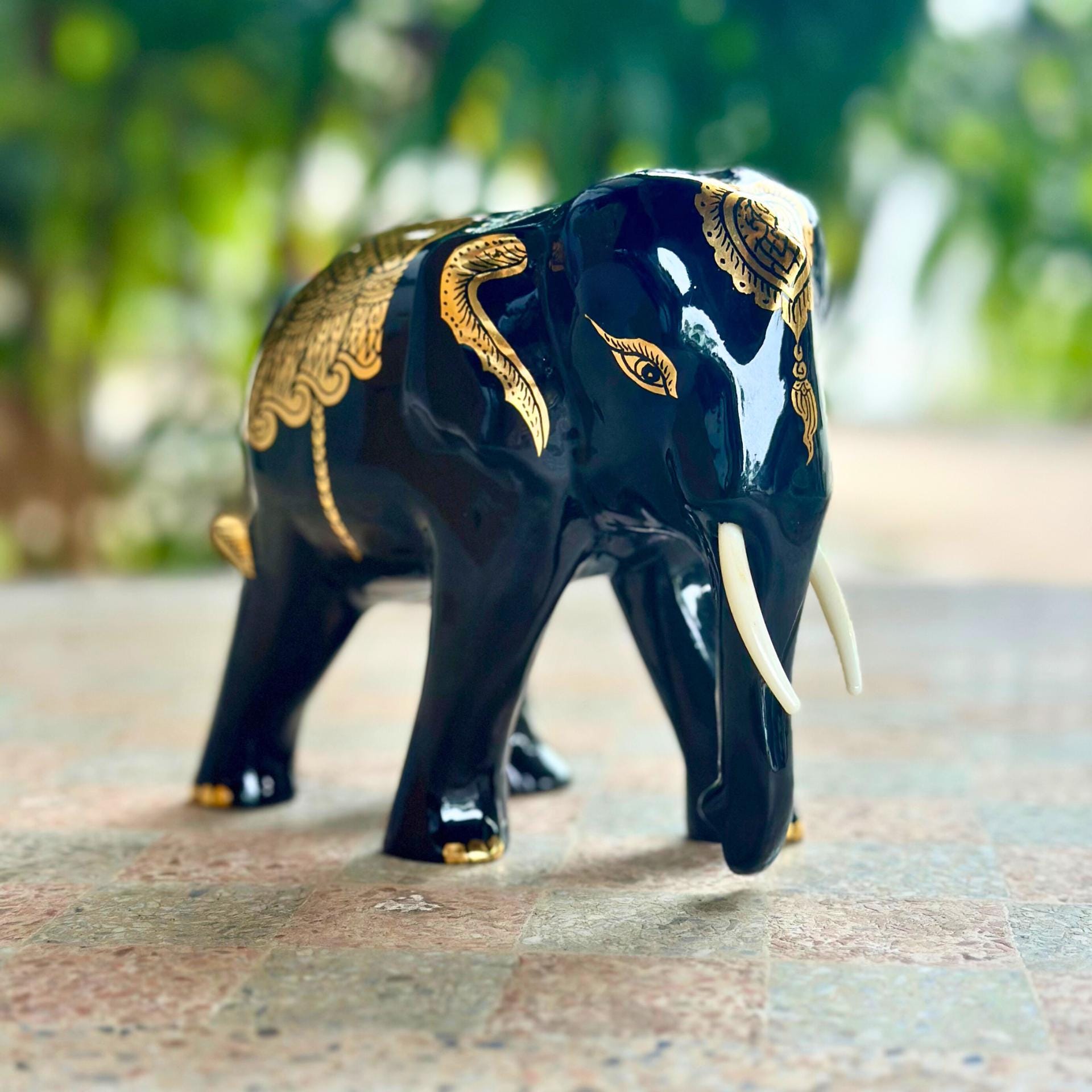 Hand Carved Black Lacquer Elephant Figurine Thai Wood Good Luck Statue Elephant Lover Gift