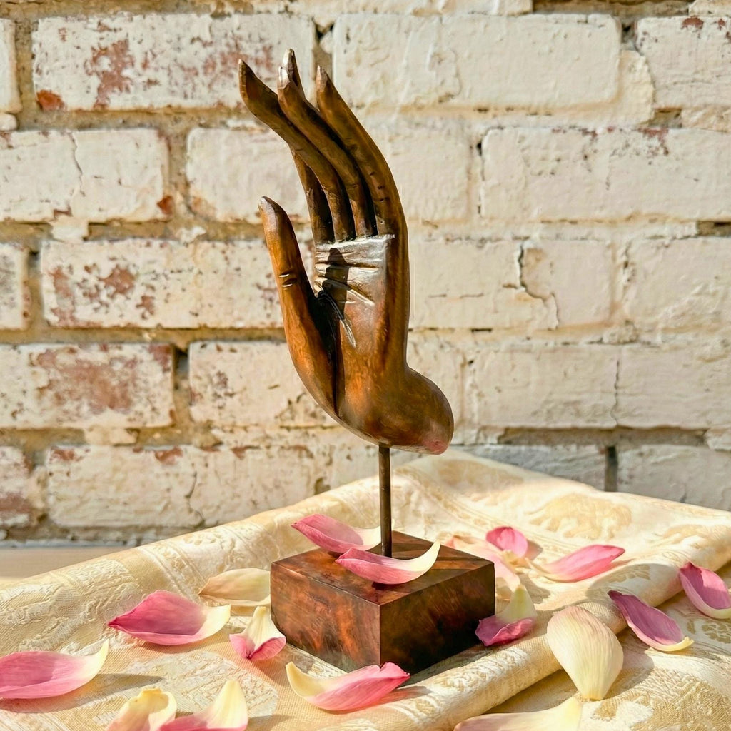 Hand Carved Wood Mudra Sculpture: Abhaya Gesture, Vintage Zen Decor Gift
