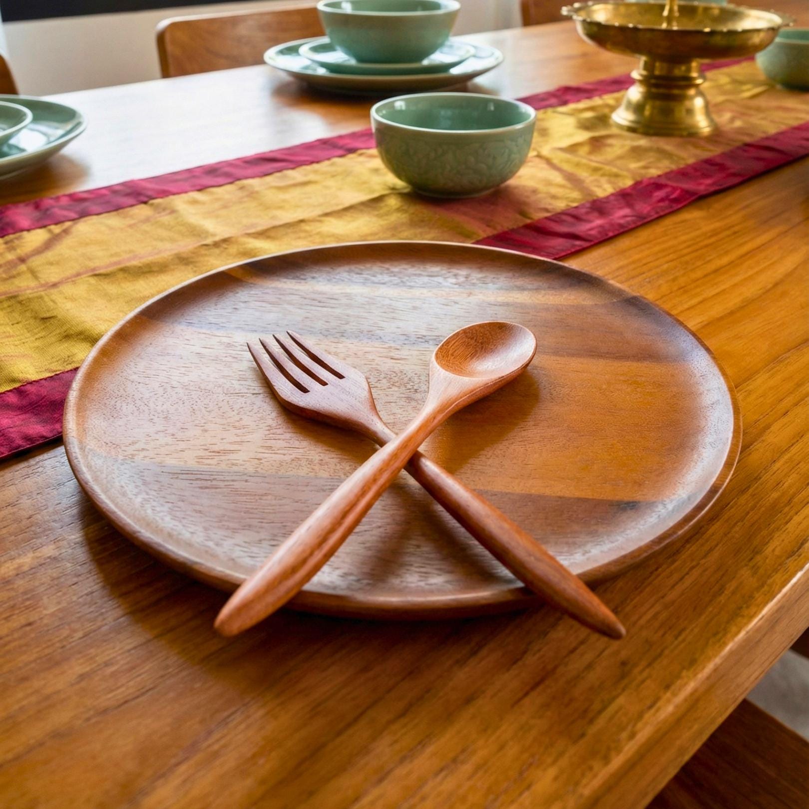 Hand Carved Upcycled Teak Wood Dinnerware Set: Rustic Plate, Fork & Spoon Trio