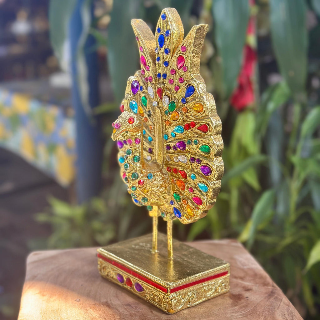 Jeweled Golden Peacock Figurine: Ornate Thai Home Decor