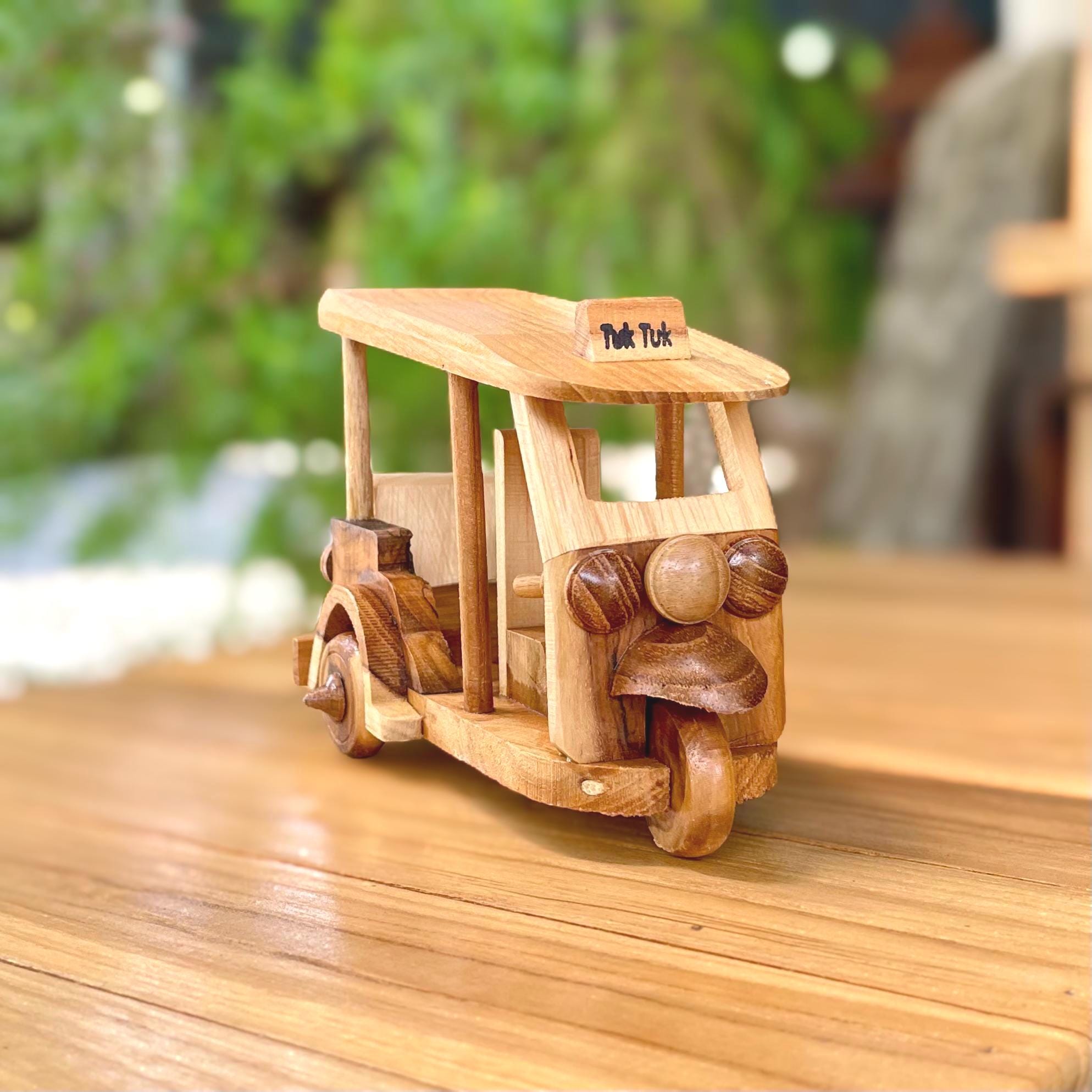 Classic Wooden Tuk Tuk Decor Hand Carved Wood Car Model Thai Gift (M)