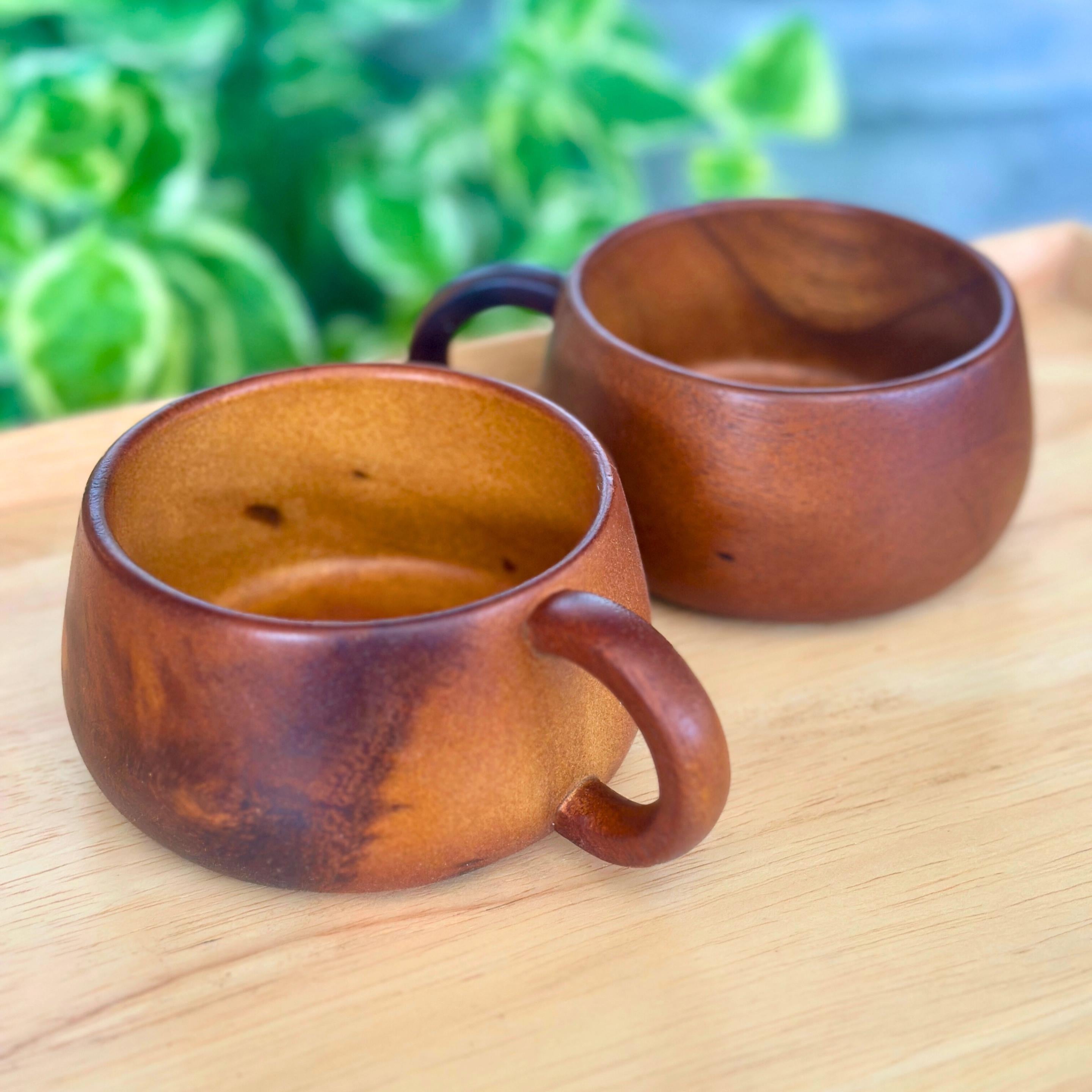 Hand Carved Wooden Coffee Mug Set: Two Teak Wood Tea Cups