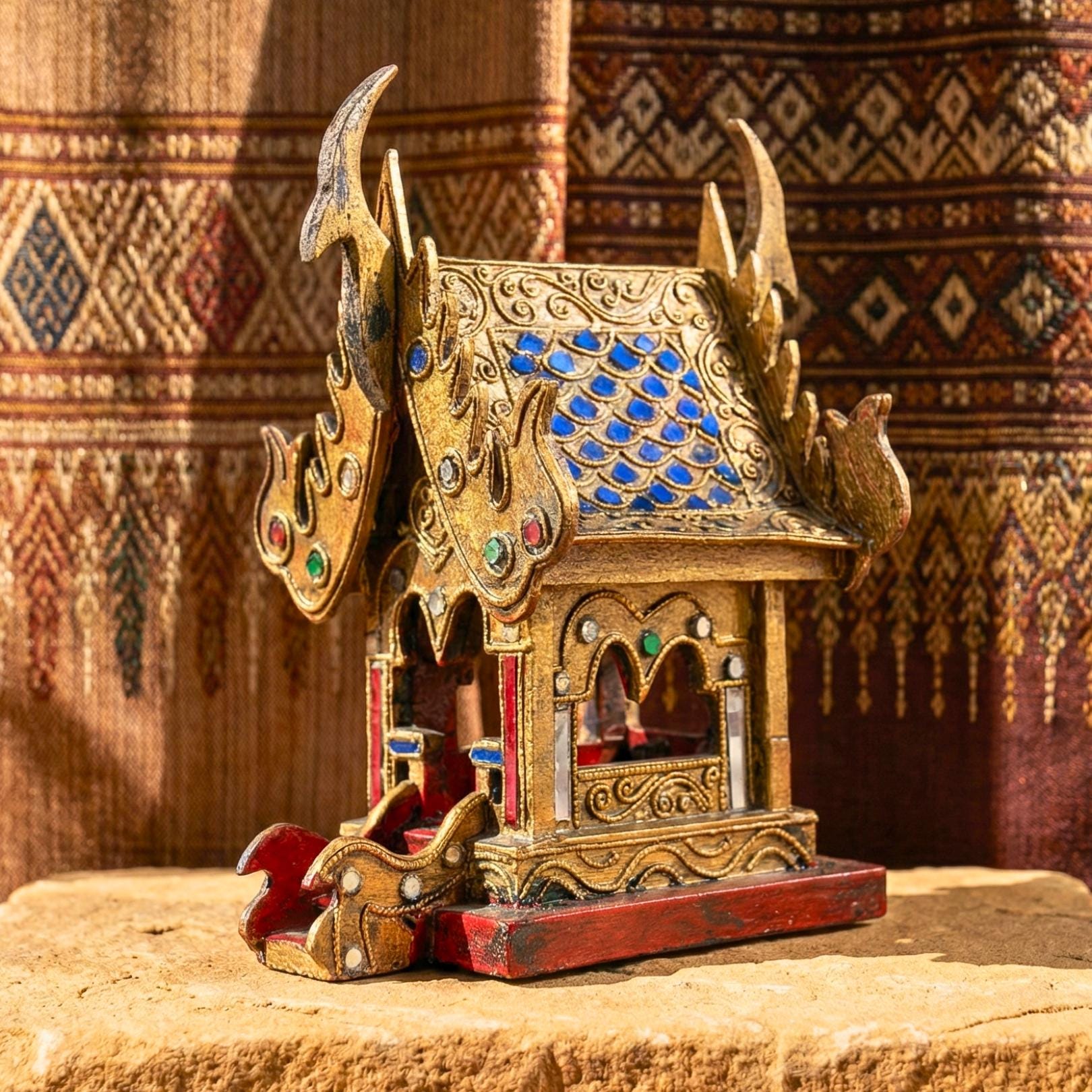 Hand Painted Thai Teak Wood Spirit House: Traditional Temple Shrine, Folk Art