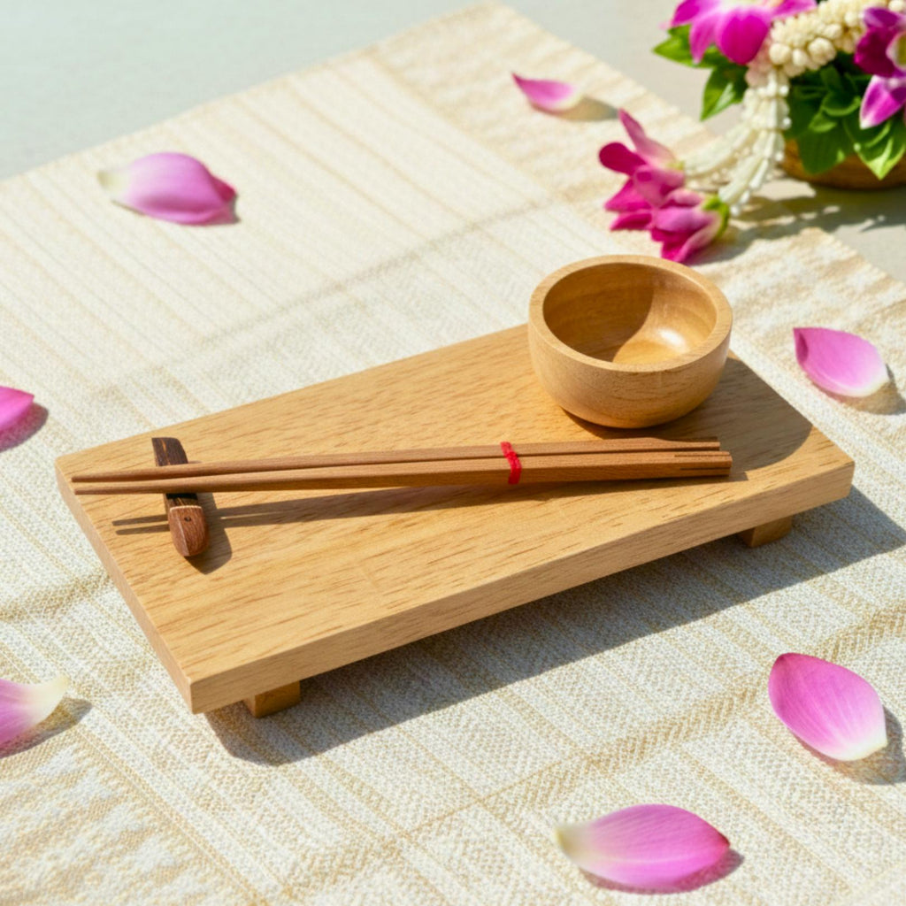 Hand Carved Wood Sushi Platter Set: Minimalist Light Wood Teaware