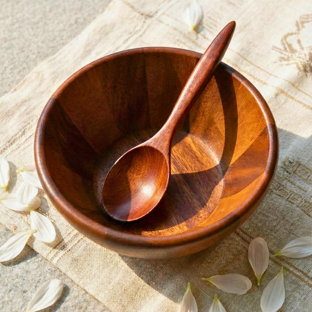 Hand Carved Acacia Wood Bowl & Spoon Set: Rustic Cereal and Soup Bowl