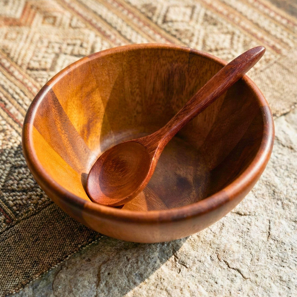 Hand Carved Acacia Wood Bowl & Spoon Set: Rustic Cereal and Soup Bowl