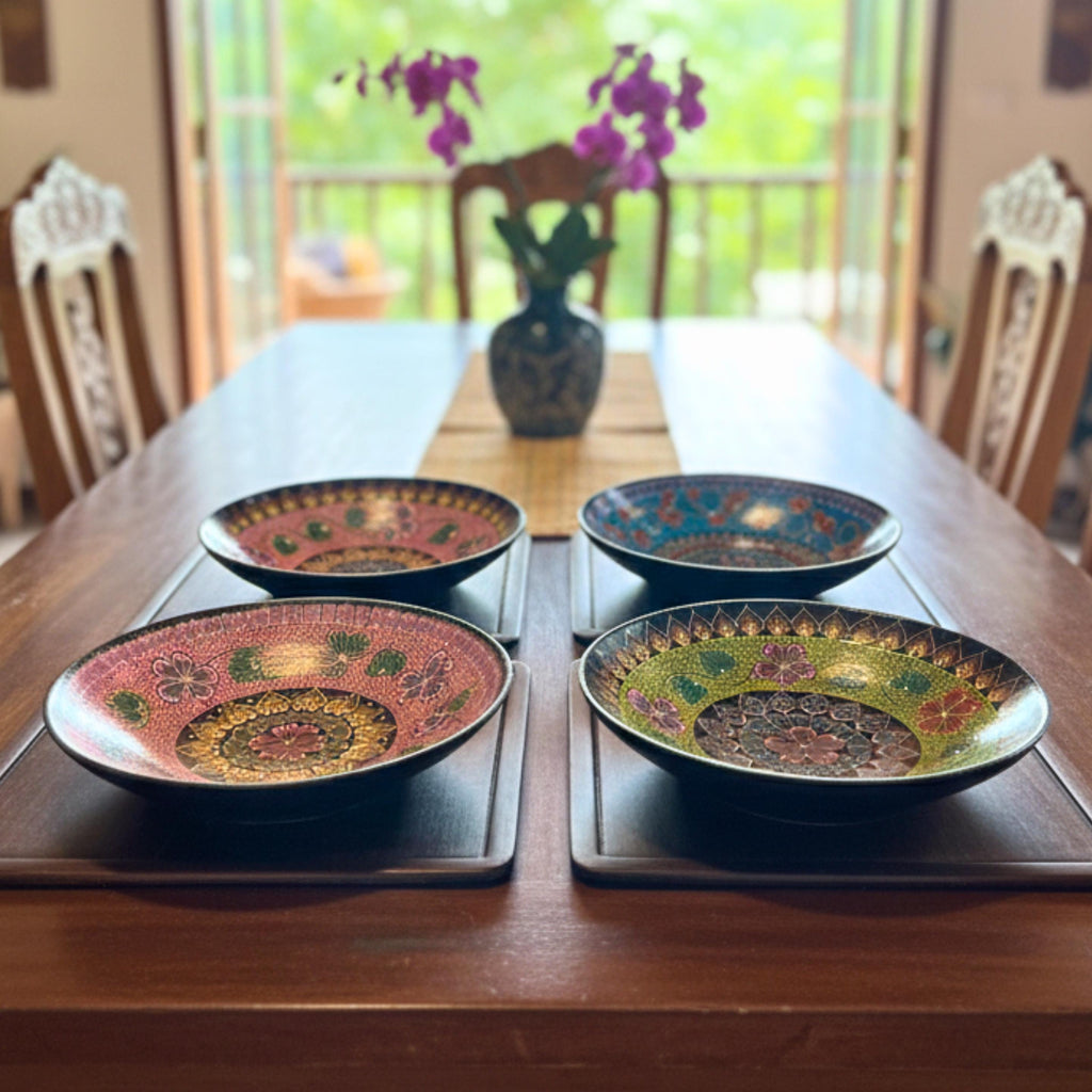 Hand Painted Serving Plate Set of 4: Vibrant Mandala Boho Tableware