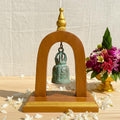 Handcrafted Wood Arch Bell Stand: Aged Brass Temple Bell Rustic Accent