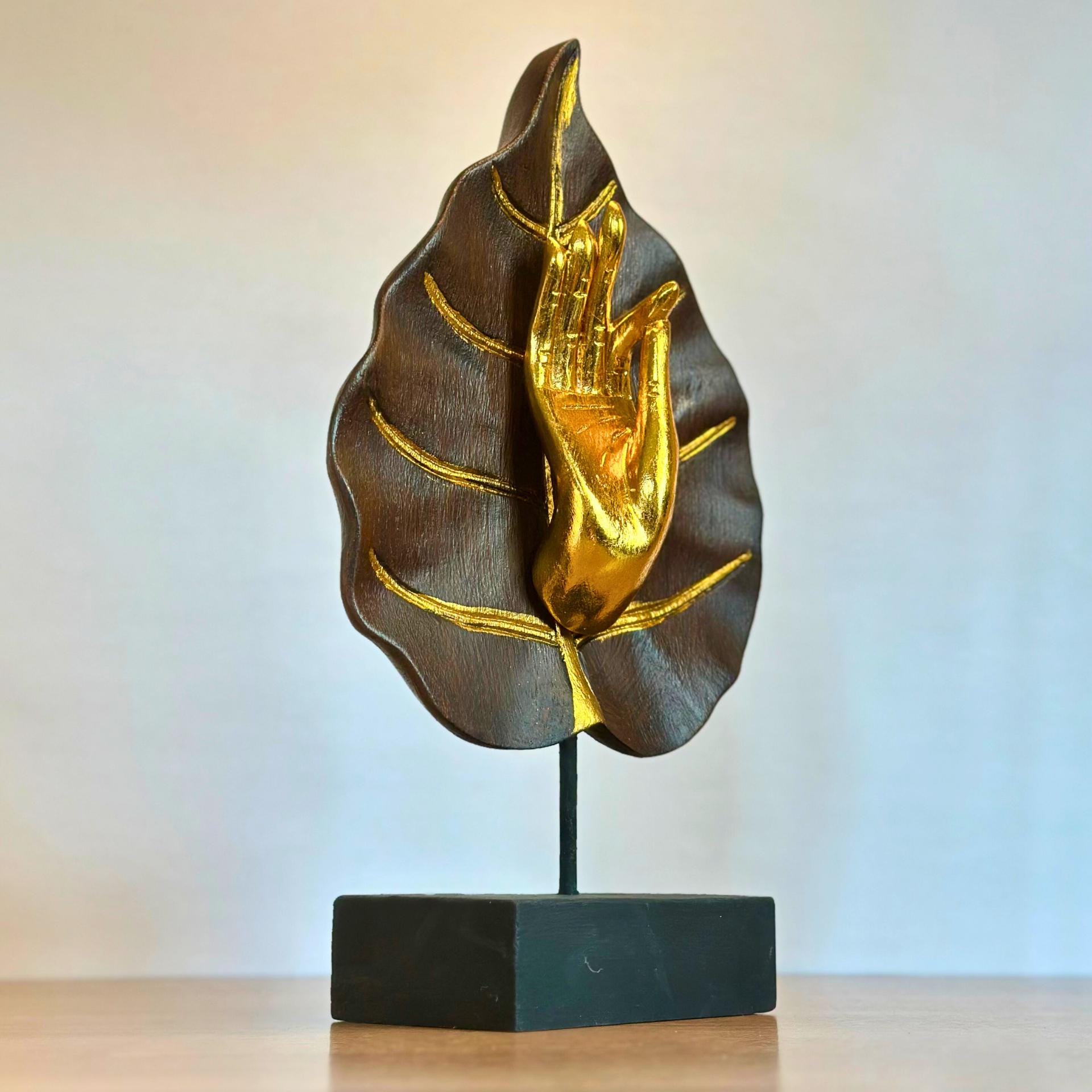 Golden Mudra Hand Sculpture: Thai Meditation Decor in Lotus Leaf