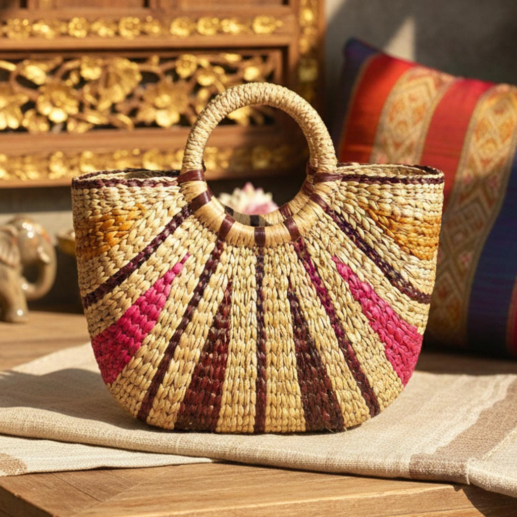 Hand Woven Wicker Handbag: Rustic Boho Tote with Round Handles