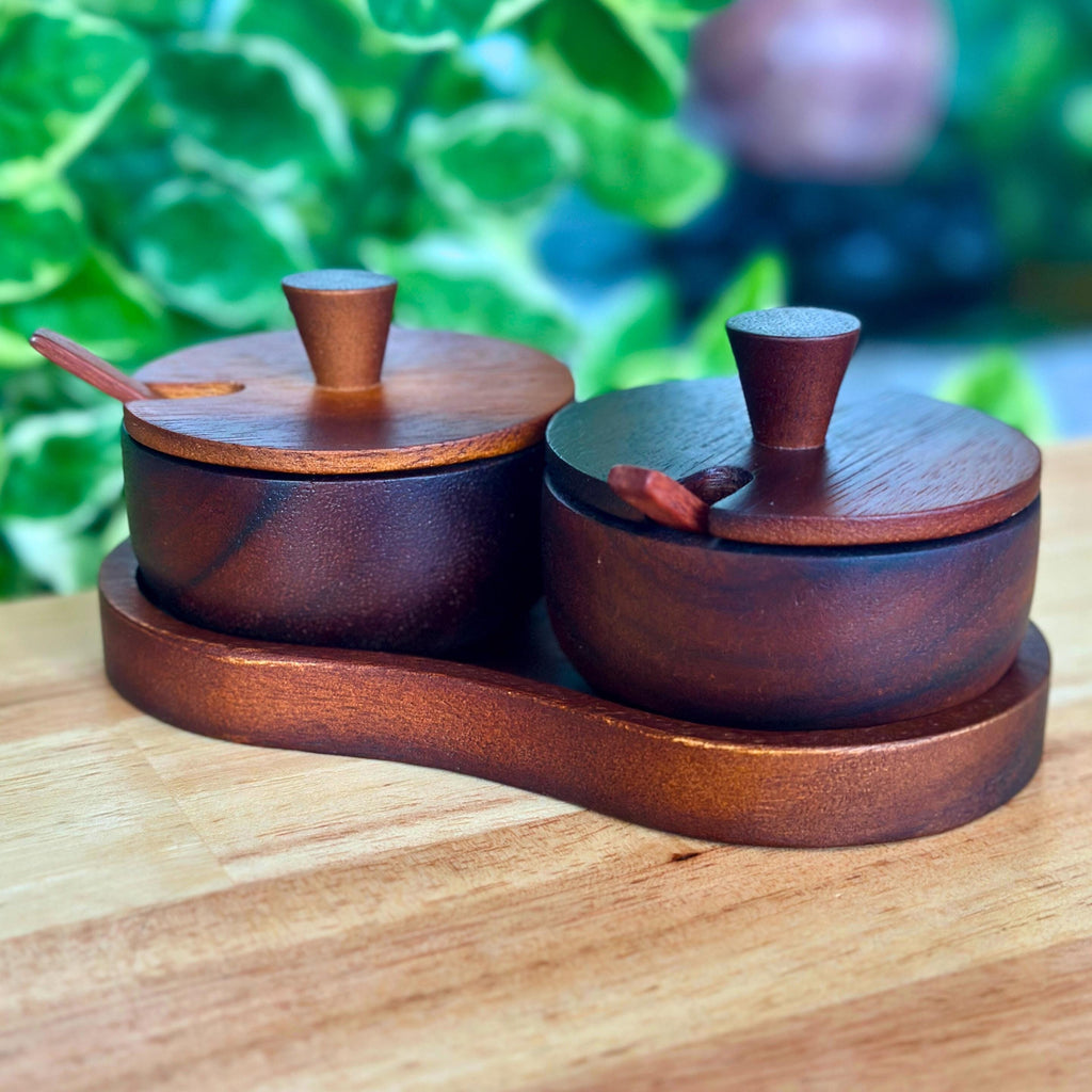 Hand Carved Wood Spice and Condiment Set: Salt, Sugar, and Pepper Server