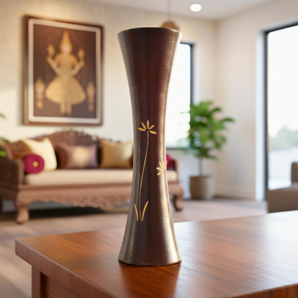 Hand Carved Wooden Tabletop Vase: Two Tone Floral Rustic Decor