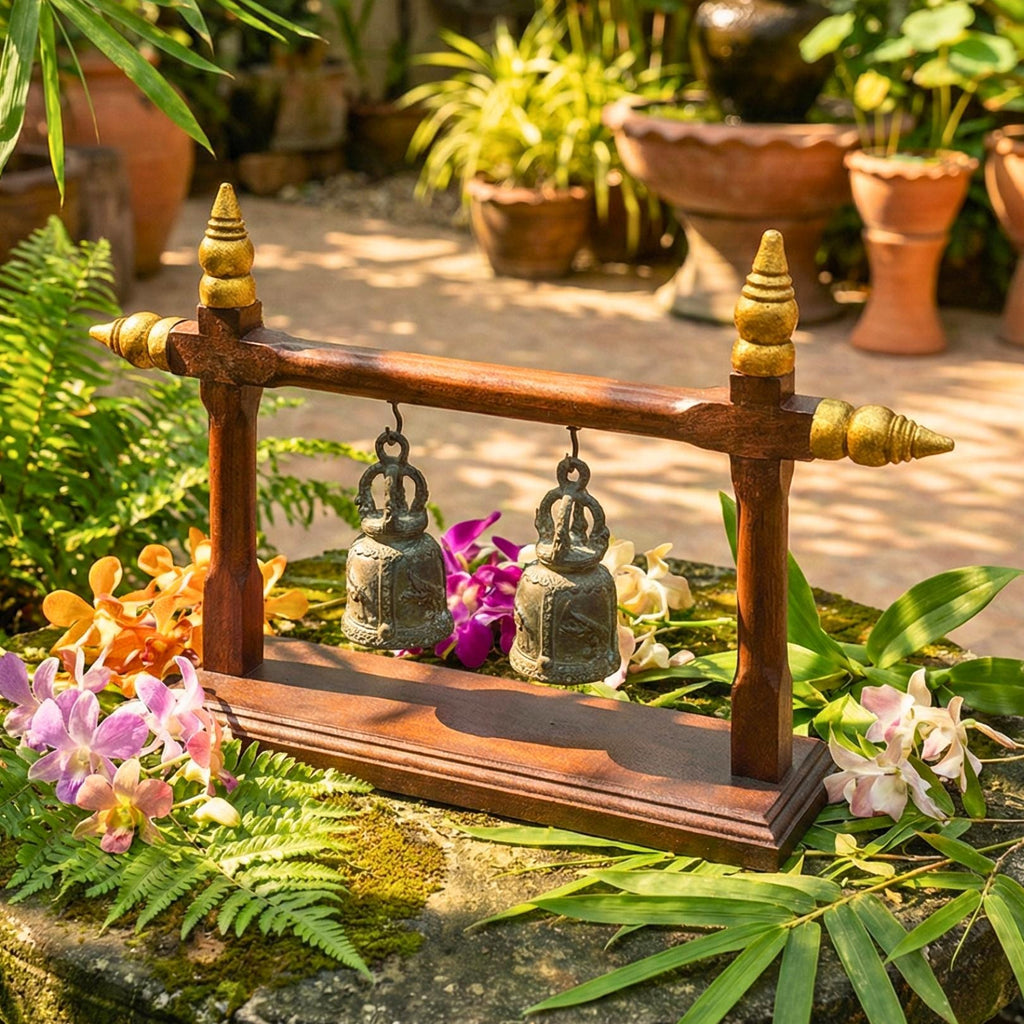 Hand Carved Teak Wood Double Bell Frame: Traditional Thai Temple Decor