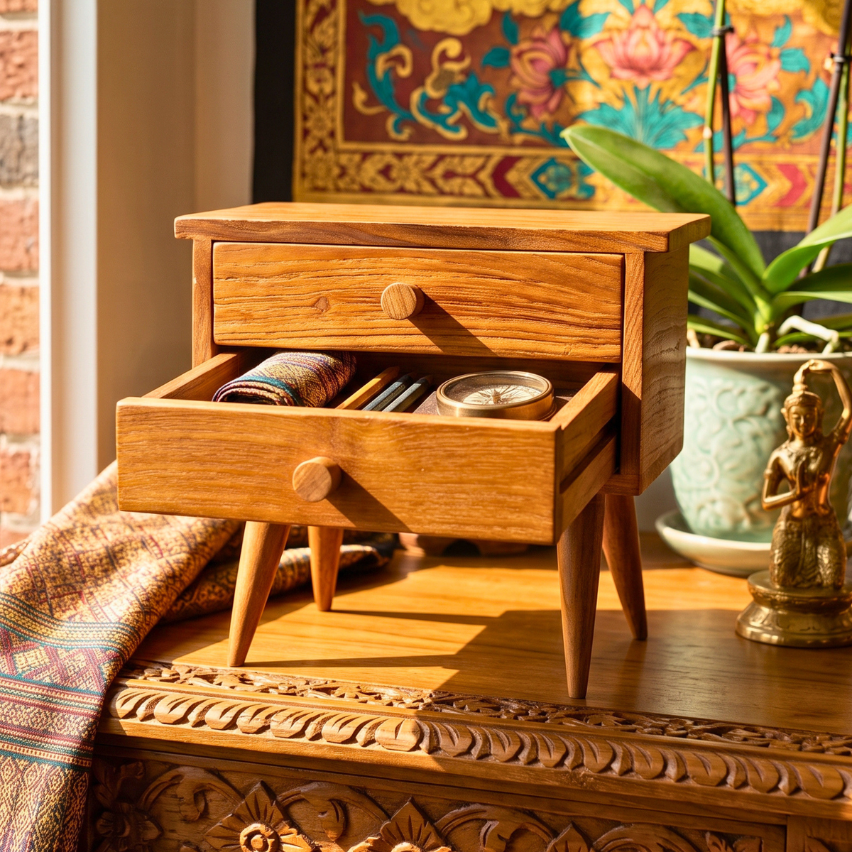 Mini Teak Side Table: Mid-Century Thai Furniture Drawer Chest