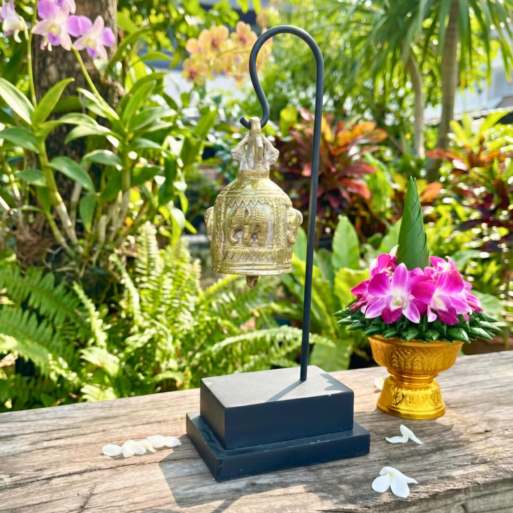Minimalist Golden Bell Stand: Polished Thai Temple Bell Modern Decor