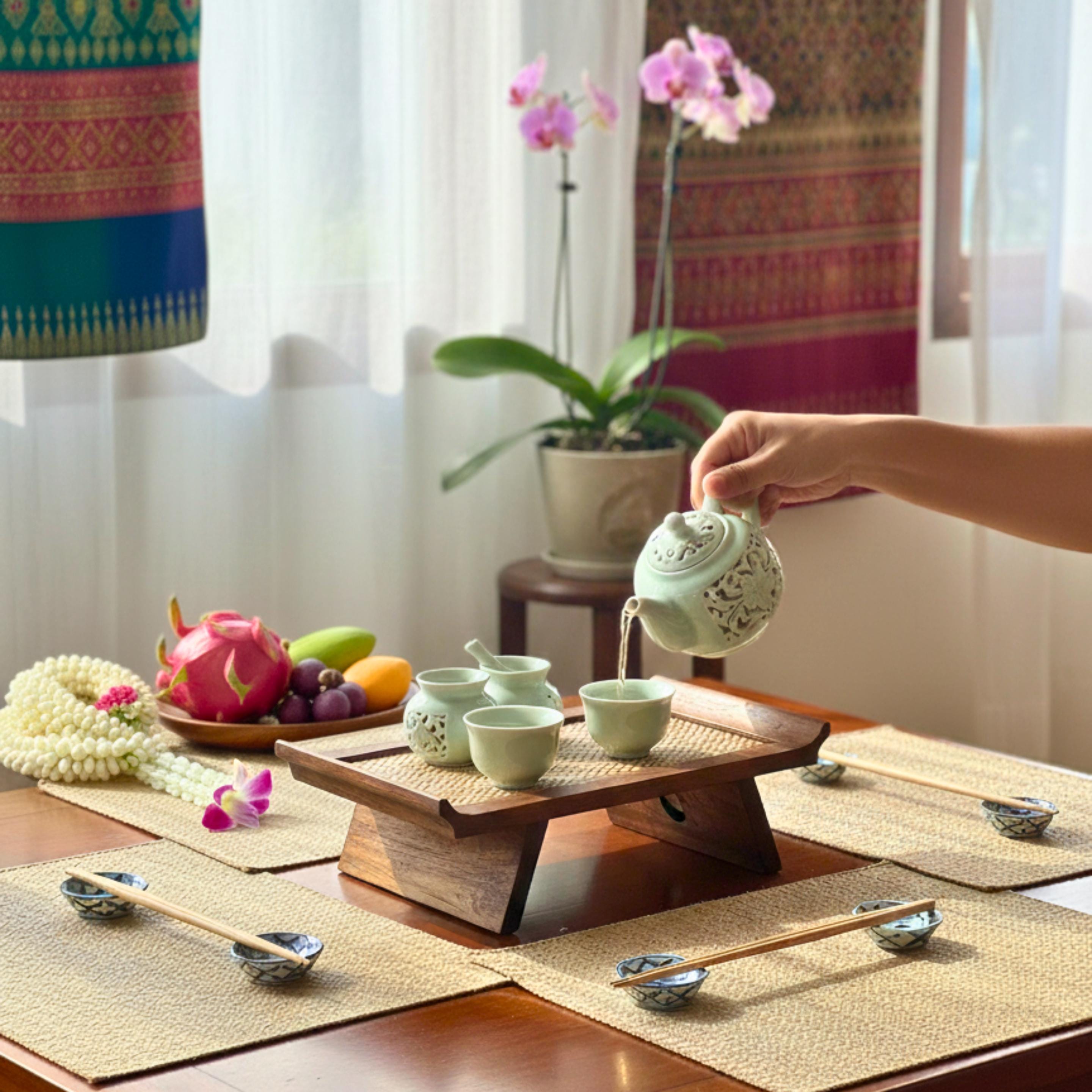 Handcrafted Hardwood Serving Tray: Woven Rattan Elevated Riser for Serving & Tea Set Display