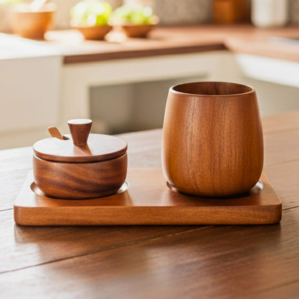 Hand Carved Wood Sugar Bowl & Tumbler Set: Coffee Bar Serving Tray