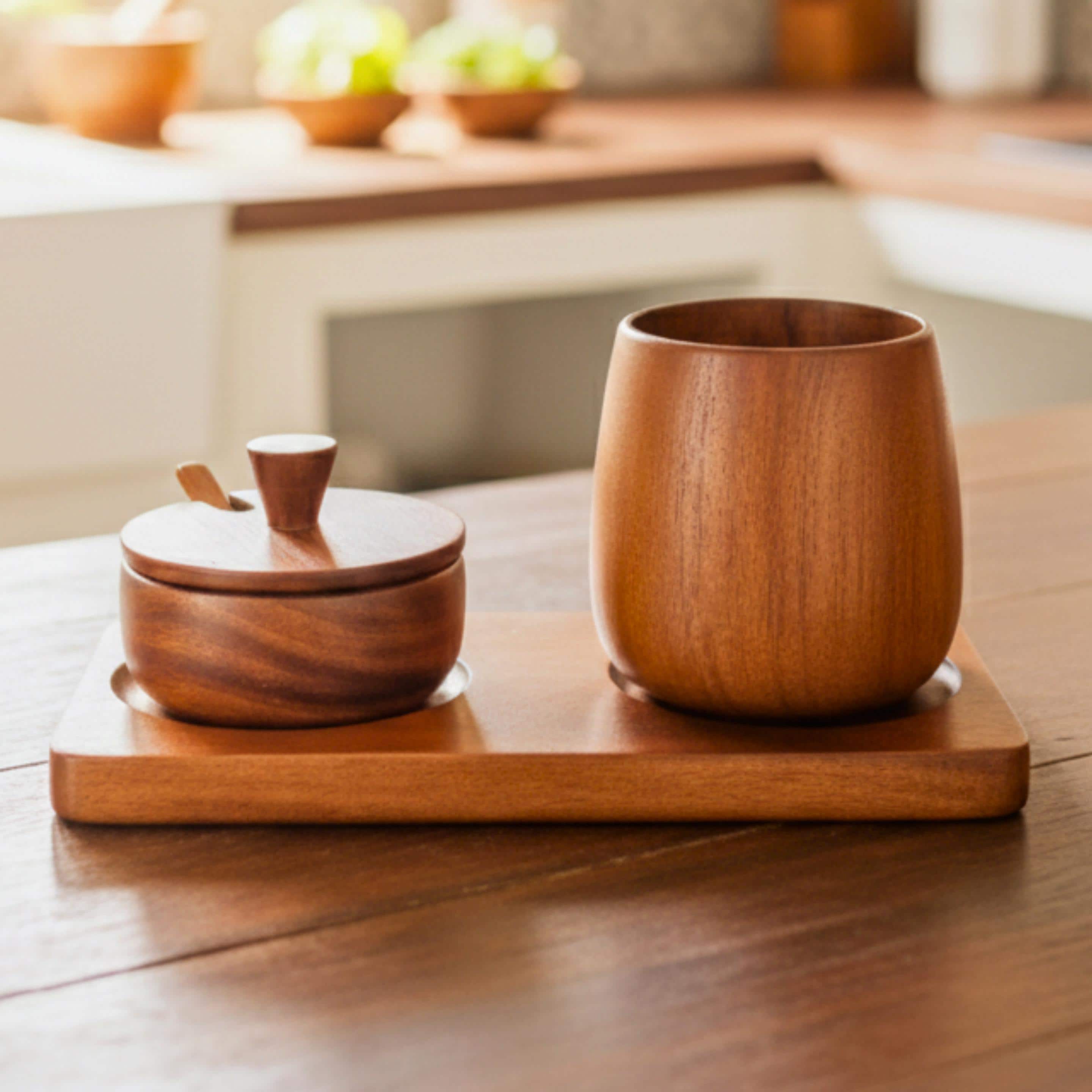 Hand Carved Wood Sugar Bowl & Tumbler Set: Coffee Bar Serving Tray