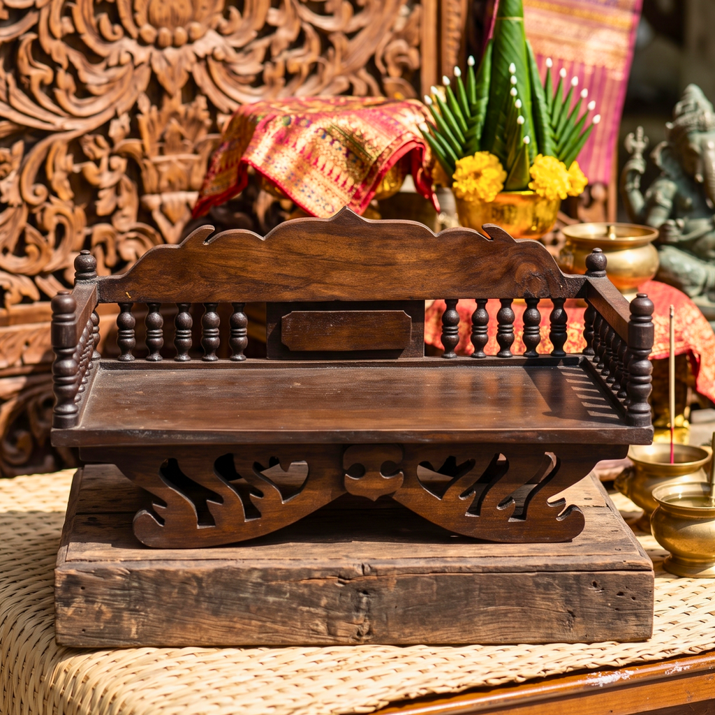 Handcrafted Teak Wood Spiritual Altar, 16 Inch Mudra Display Stand, Housewarming Gift for Minimalist