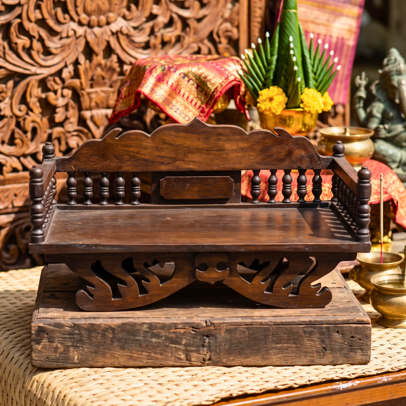 Handcrafted Teak Wood Spiritual Altar, 16 Inch Mudra Display Stand, Housewarming Gift for Minimalist