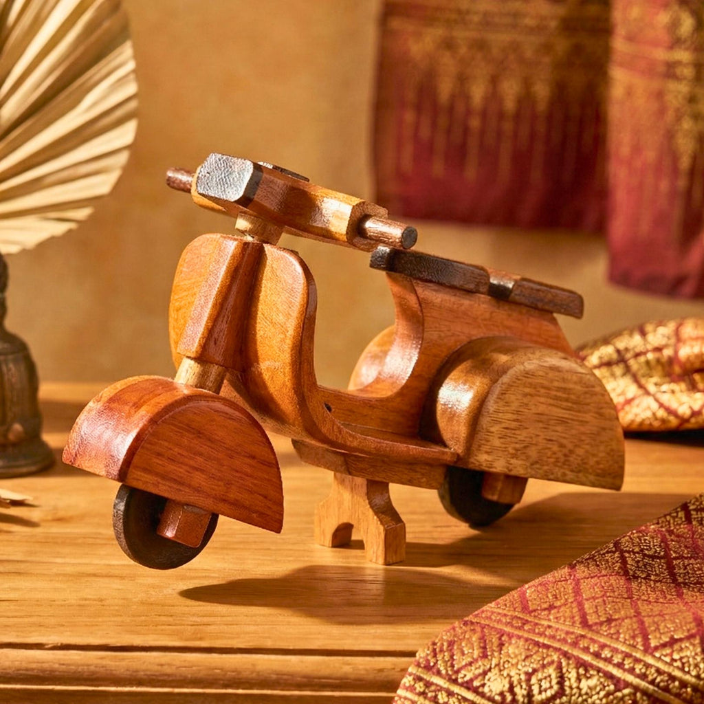 Hand Carved Wood Model Scooter Motorbike: Vintage Retro Desk Decor