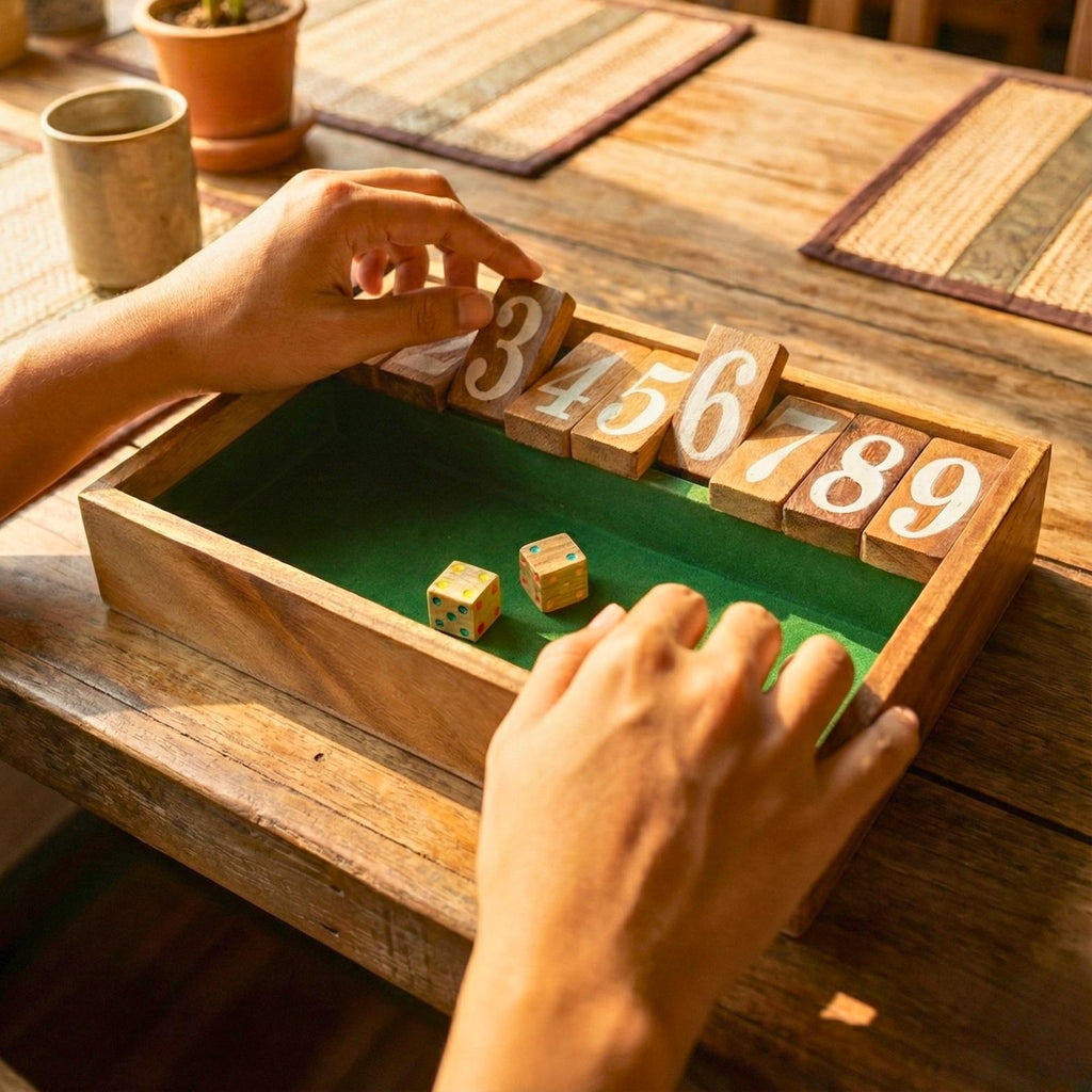Hand Carved Acacia Wood Jackpot Game: Shut the Box Traditional Board Game & Toy