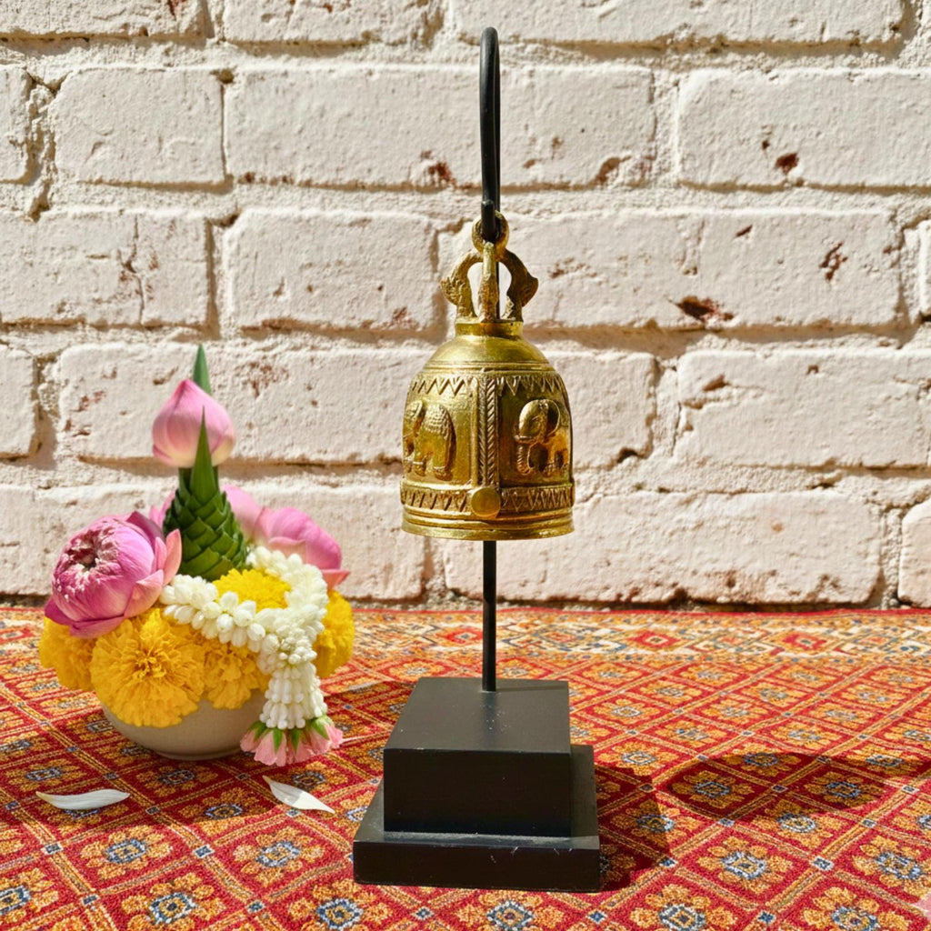 Minimalist Golden Bell Stand: Polished Thai Temple Bell Modern Decor