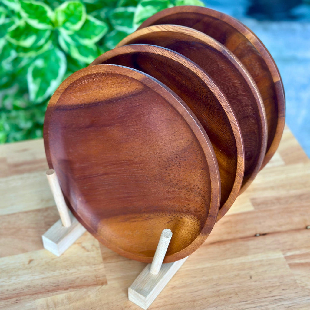 Hand Carved Hardwood Dinner Plates 8”: Deep Tone Rustic Dinnerware
