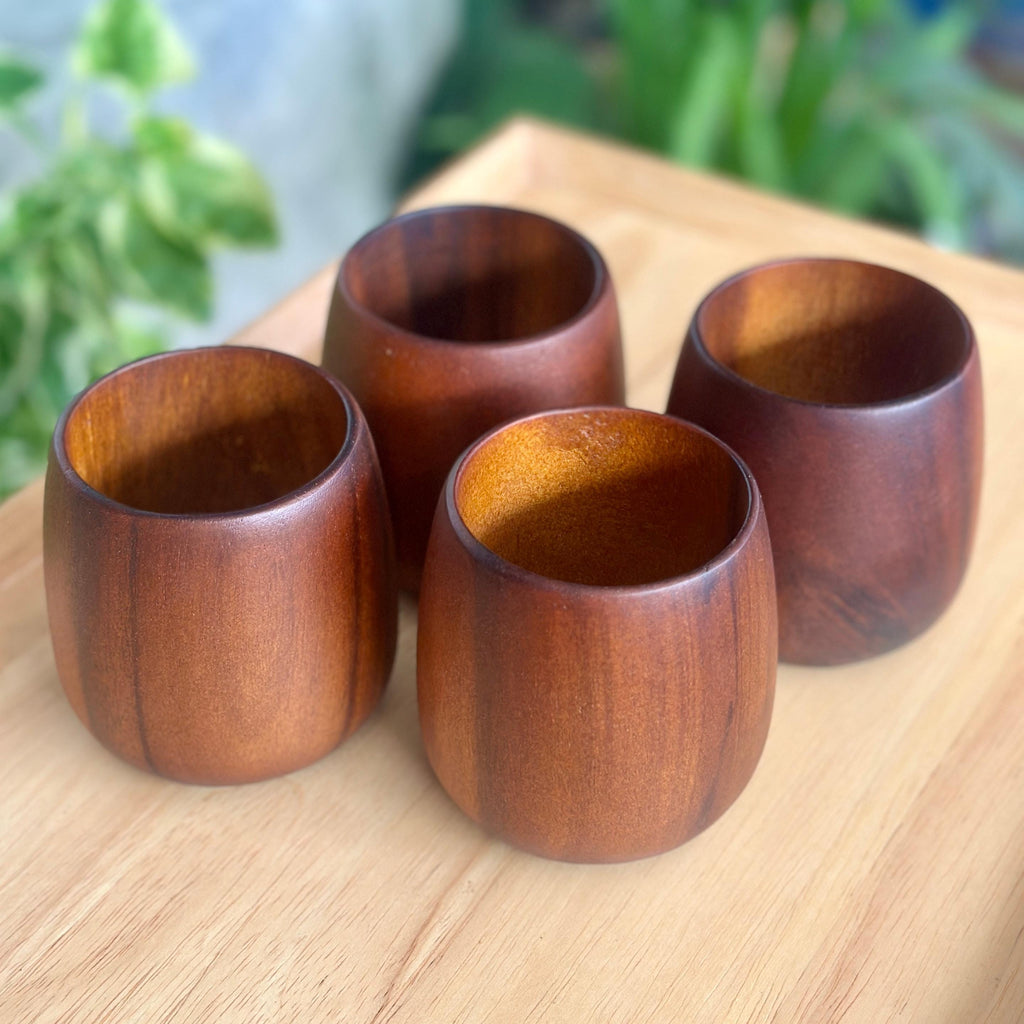 Hand Carved Wood Drinking Cups: Set of 4 Coffee & Tea Tableware