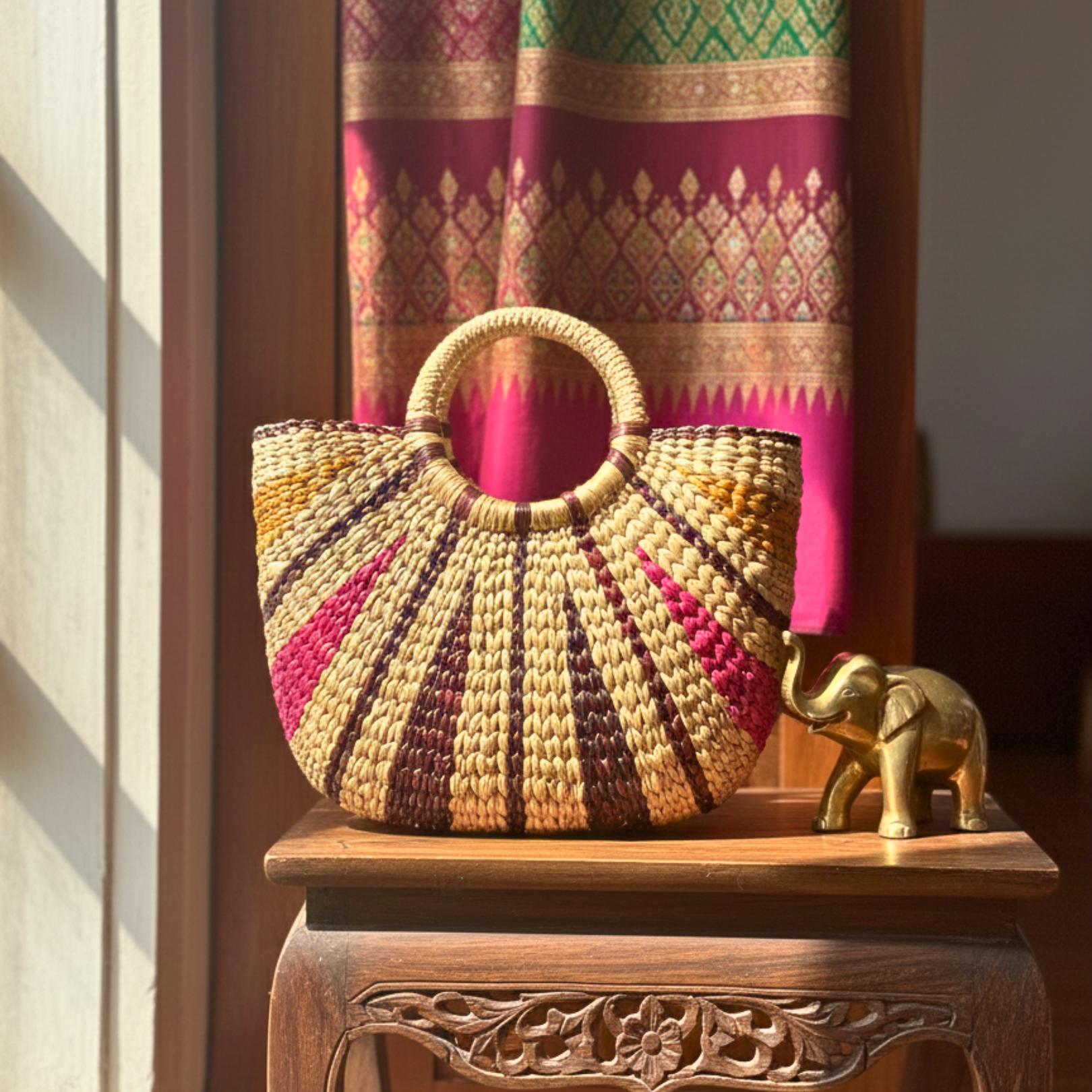 Hand Woven Wicker Handbag: Rustic Boho Tote with Round Handles