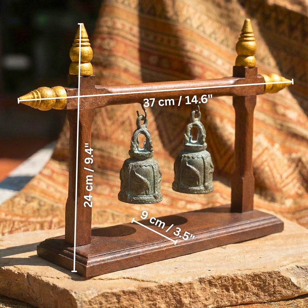 Hand Carved Teak Wood Double Bell Frame: Traditional Thai Temple Decor