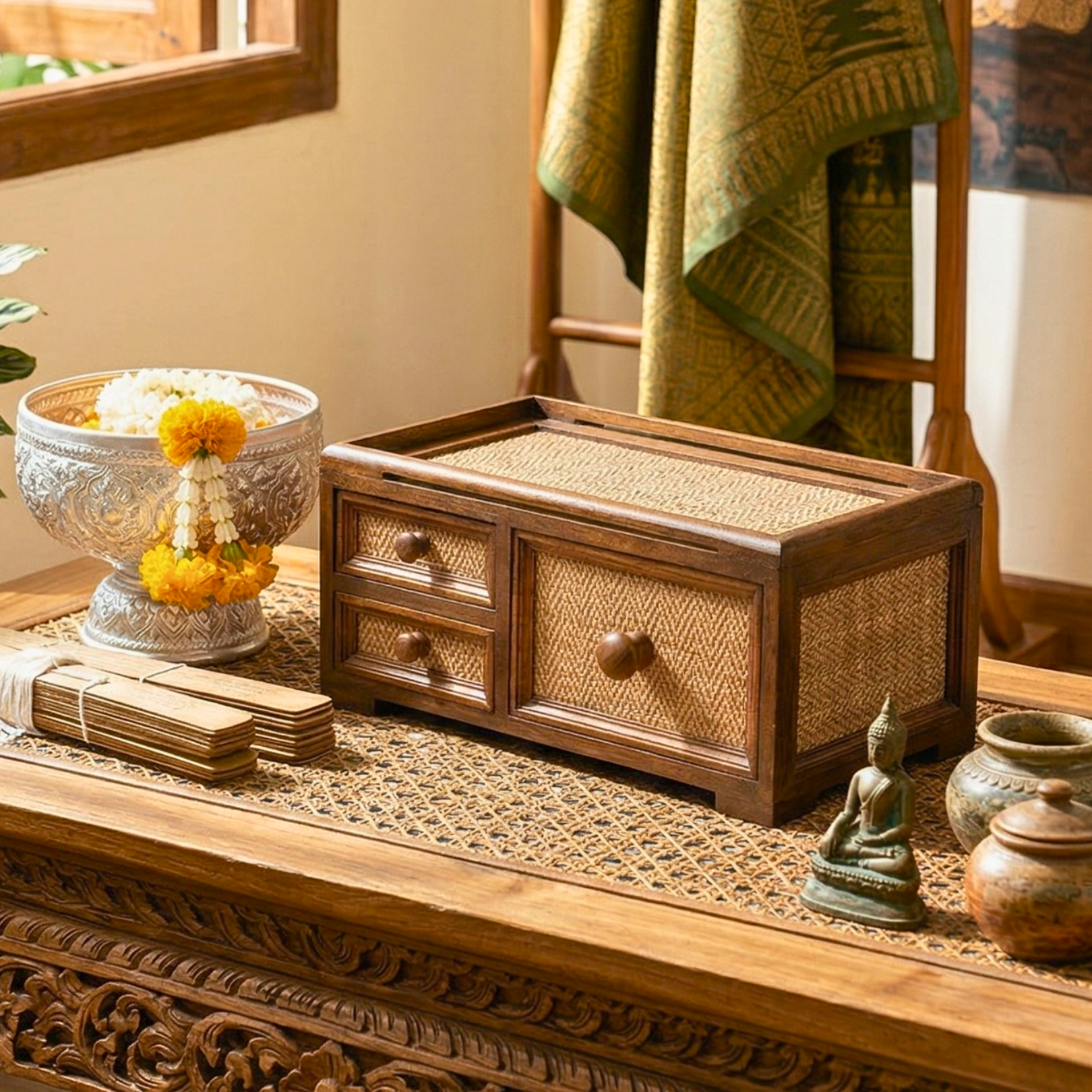 Storage Drawers Teak Wood Rattan 14 Inch Jewelry Organizer Housewarming Gift for Minimalist