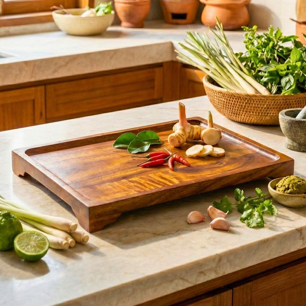 Large Hand Carved Teak Wood Serving Tray: Tea & Coffee Table Platter
