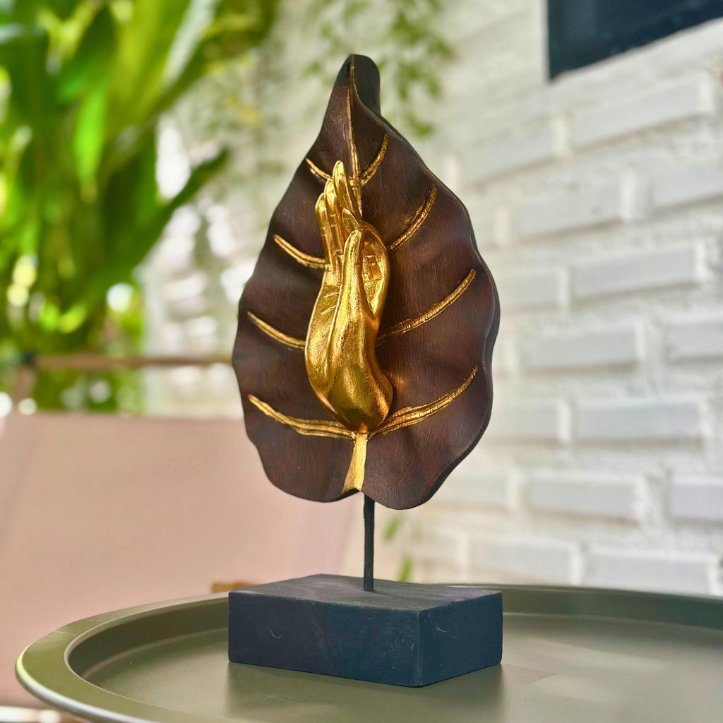 Golden Mudra Hand Sculpture: Thai Meditation Decor in Lotus Leaf